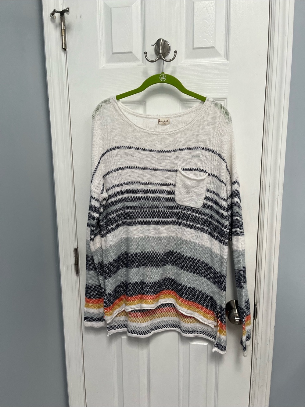 Hem and Thread Pullover Multi Striped Sweater Oversized Cozy Cotton Womens Med